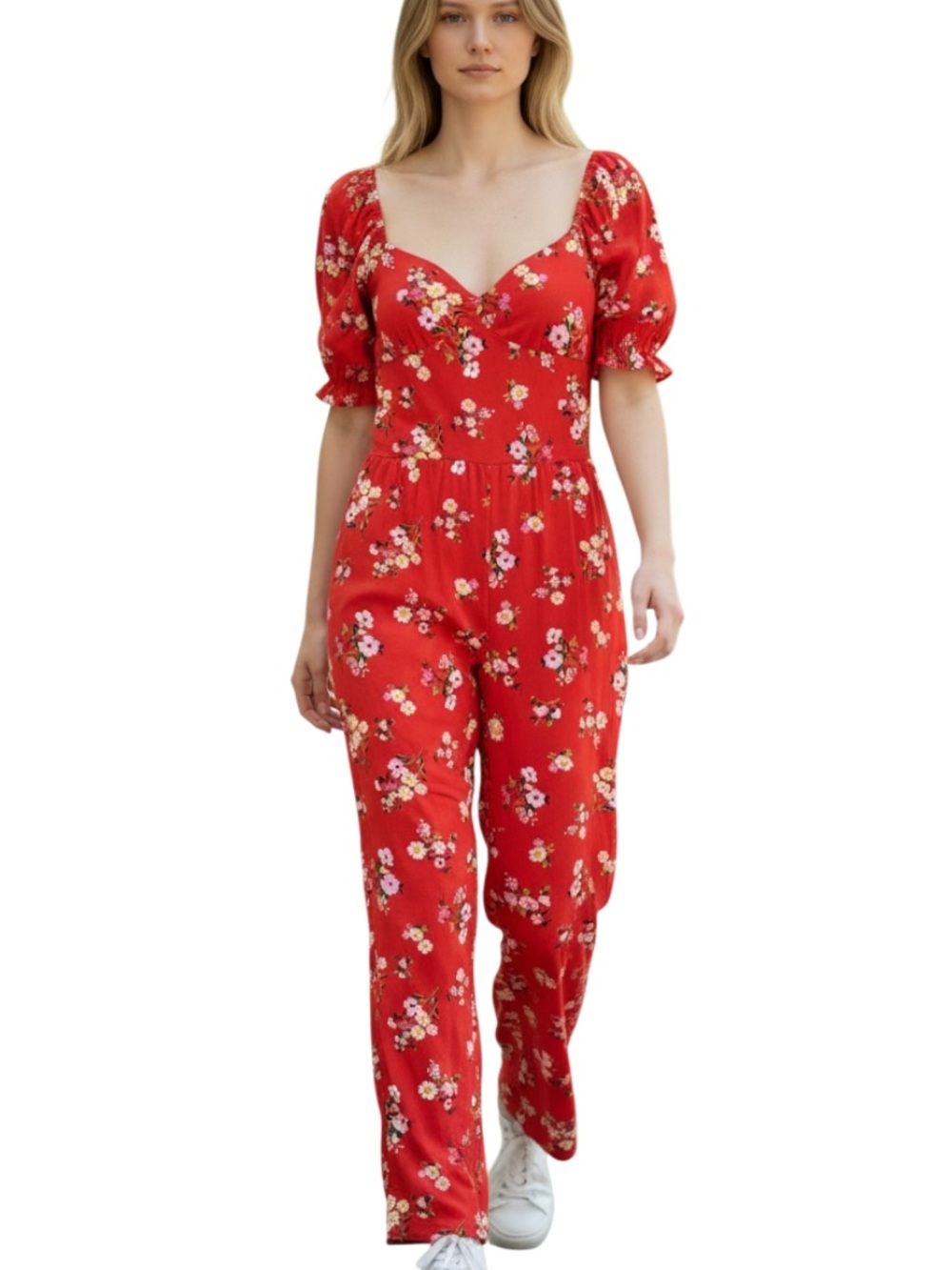 eye candy Red Floral Puff-Sleeve Jumpsuit